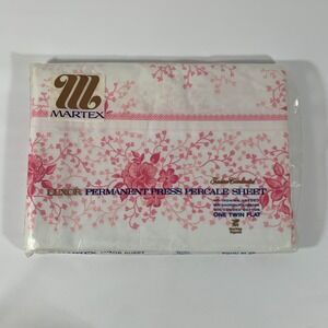 Vintage Martex Twin Flat Sheet Pink Floral Luxor Percale New Old Stock NOS USA